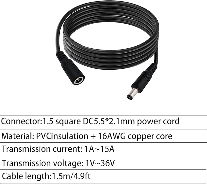 2pcs 16AWG DC Power Extension Cable 5.5mmx 2.1mm Male to Female Connection Cable for CCTV Surveillance Camera Solar Panel LED Strip Light Energy Storage Power 4.9ft