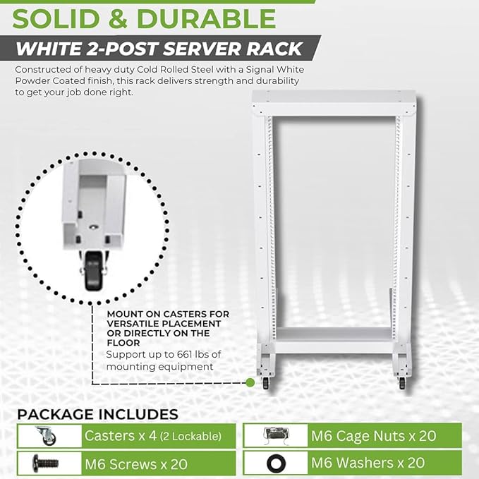 NavePoint 22U 2 Post Rack Open Frame Server Rack for 19 Inch Equipment, AV, Networking, Data & IT Devices, 2-Post Rack 22U with Wheels, 661lbs Weight Capacity, White