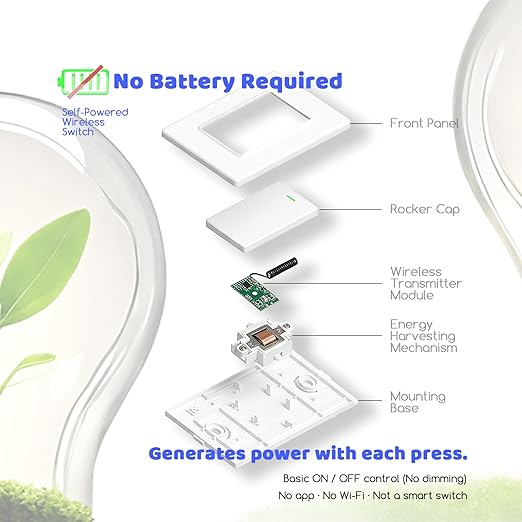 Wireless Light Switch and Receiver Kit (3V1), Self-Powered (No Battery Required), No WiFi Needed, Remote Control Lighting Switch for Indoor and Outdoor Light Fixtures, 4-Way
