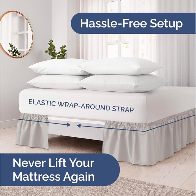 Wrap Around Dust Ruffle Bed Skirt - Light Grey - for King Size Beds with 21 Inch Drop - Elastic Strap - Adjustable Pleated Bedskirt with Brushed Fabric and Wrinkle Free - for Women, Men, Kids & Teens