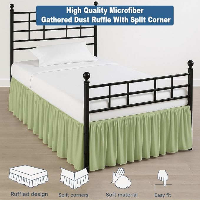 Ruffled Bed Skirt Split Corners with Platform, Tailored Fit Hotel Quality Wrinkle Free Ultra-Soft Microfiber Dust Ruffle, Upto 12 Inch Drop, Full XL, Sage