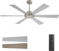 WINGBO 60 Inch Ceiling Fan without Light - 6 Plywood Blades, 6-Speed Reversible DC Motor, Noiseless Remote Control Ceiling Fan No Light for Bedroom Living Room Kitchen, Nickel and Silver/Gray