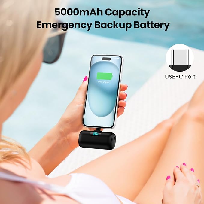 Mini Portable Charger USB C Power Bank,Upgraded 5000mAh PD Fast Charging Battery Pack Built-in USB-C Connector Travel Essential for iPhone17/17Pro/17Pro Max/Air/16 Plus/16Pro Max/15 Series,Android