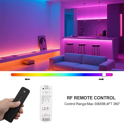 RF Wireless RGB LED Strip Controller - Magnetic Wall-Mounted Sensitive Touch Slide Remote Kit, Brightness Dimmable, DC 5V-36V 8A Compatible with RGB LED Tape