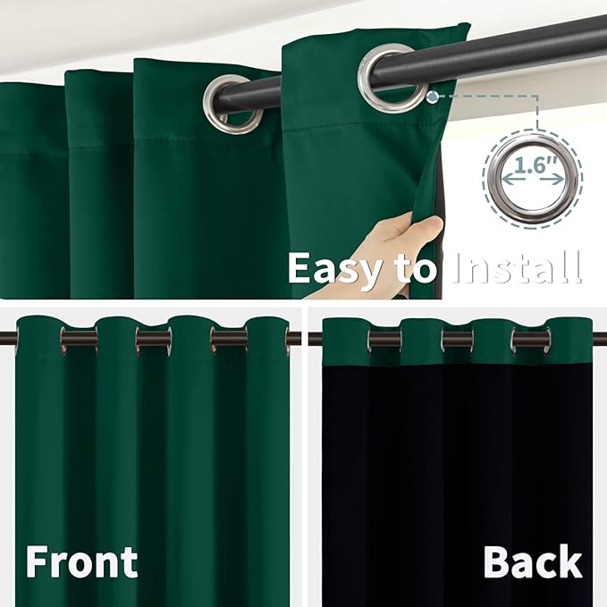 BGment Thermal Insulated 100% Blackout Curtains for Bedroom with Black Liner, Double Layer Full Room Darkening Noise Reducing Grommet Curtain (52 x 63 Inch, Emerald, 2 Panels)