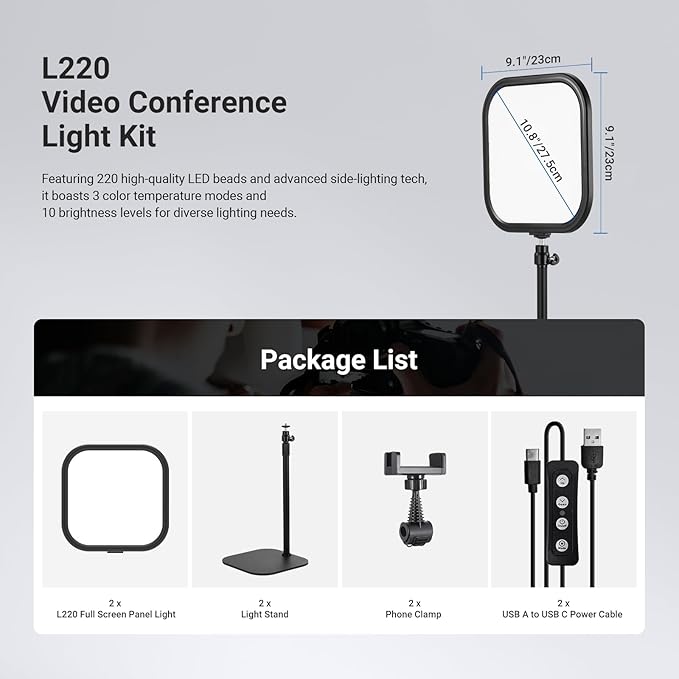 NEEWER Basics 2 Pack 10.8" Video Conference Lighting with Desk Stands/Phone Holders, 15W Bi Color Edge Lit Full Screen Light CRI95+ for Computer Laptop Webcam Zoom Calls Streaming Recording, L220