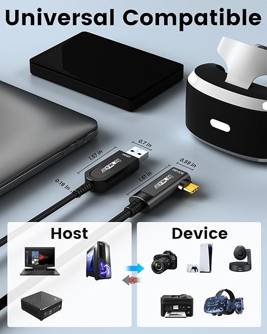 GeoHN.G USB A to USB C Fiber Optic Extension Cable 10M/33FT, Right Angle USB 3.2 10Gbps Long Distance Active Optical USB C Cable for VR/AR, Quest2, Webcam, Camera, Mini PC and More