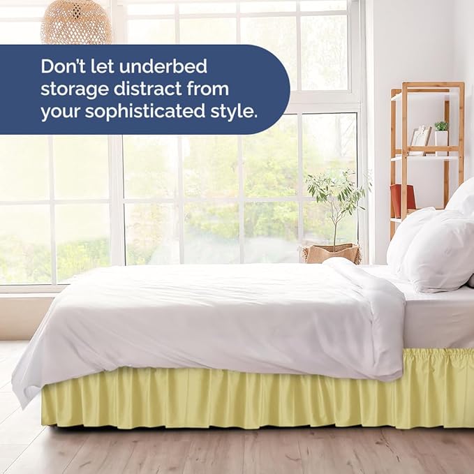 Wrap Around Dust Ruffle Bed Skirt - Yellow - for Full Size Beds with 12 Inch Drop - Easy Fit Elastic Strap - Adjustable Pleated Bedskirt w/Brushed Fabric - Wrinkle Free - for Women, Men, Kids & Teens
