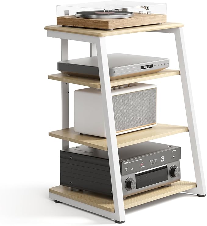 FITUEYES Design 4-Tier AV Media Stand Corner Shelf Stand Wooden Corner Shelves Component Cabinet Stereo Rack Audio Tower with Height Adjustable Wooden Shelves for ps4 (White Oak)