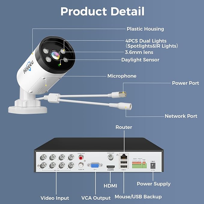 Hiseeu 4K Wired Security Camera System with Audio,Smart Color Night Vision,3TB Hard Drive,AI Human/Vehicle Detection,8PCS 8MP IP67 Weatherproof Home CCTV Cameras,Indoor/Outdoor Surveillance DVR Kit