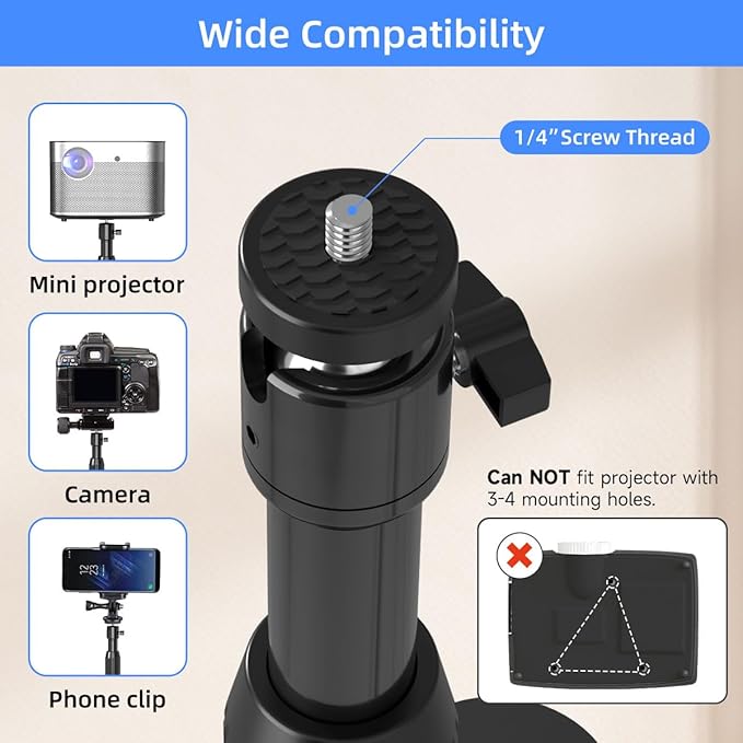 suptek Exdentable 63.9" Projector Stand 360°Swivel, Height Adjustable 53.7-63.9inch, Mini Projector Mount Bracket, Compatible with Home Office Video Vlog DVR Camera, PR001FL