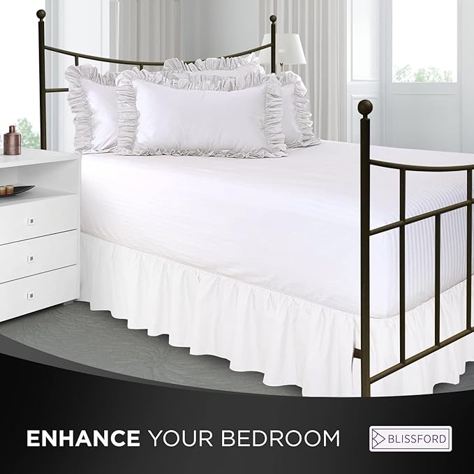 BLISSFORD White Bed Skirt Full Size 14 inch Drop - with Split Corners - Cotton Blend Ruffle Bed Skirt, Dust Ruffle with Platform, White Full Size Bedskirt, Machine Washable