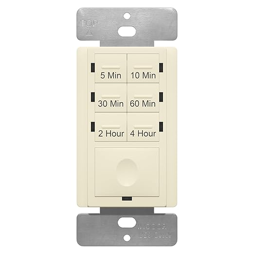 ENERLITES 4-Hour Countdown Timer Switch, 5-10-30-60 Min, 2-4 Hour, for Bathroom Fans, Heaters, Lights, LED Indicator, 120VAC 800W, No Neutral Wire Required, UL Listed, HET06-J-LA, Light Almond