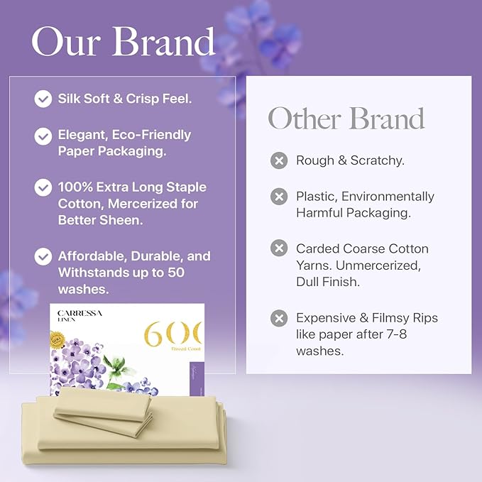 Carressa Linen 100% Egyptian Cotton King Size Sheets Set - 600 Thread Count Egyptian Cotton Queen Sheets King Size (4 PC, Beach Sand), Soft, Cooling, 16" Deep Pocket Sateen Weave Luxury Bed Sheet Set