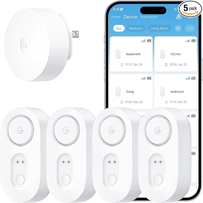 GoveeLife Upgraded Smart Water Leak Detector 1s with 1804ft Ultra-Long Range, WiFi Water Sensor with SMS/Email/APP Push and Sound Alarm, 5-Year Battery Life, Suit for Home, Basement, Kitchen, 4 Pack