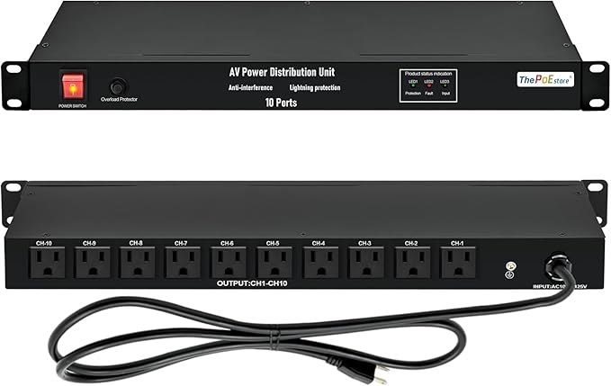 ThePoEstore 10 NEMA 5-15R Outlet Surge Protector PDU, 120V 15A 3600J 10KA, 1U Rack Mount Power Strip for Network Server Racks, AV Equipment, & More - 14AWG 6ft Cord