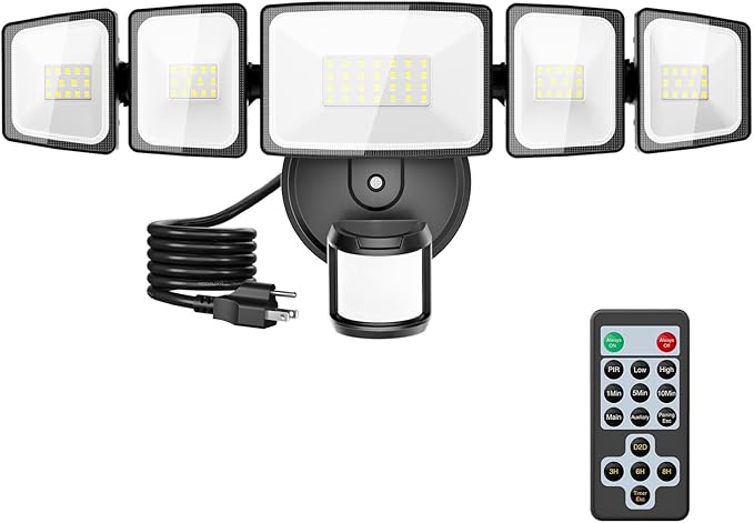 Onforu 5000LM Motion Sensor Outdoor Lights Plug in, 5 Head Motion Sensor Flood Light Outdoor with Remote, Dusk to Dawn Outdoor Lighting, IP65 Waterproof Motion Detector Lights for Outside, Black