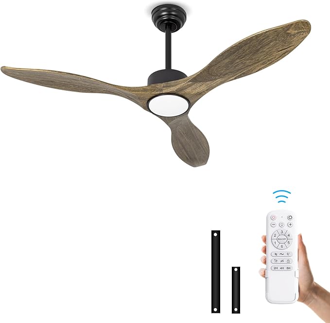 revoici Ceiling Fans with Lights Remote, 52inch Solid Amber Wood Ceiling Fan, 3 Blades Reversible DC Motor 3CCT Dimmable Lighting 3-Timer for Living Room Bedroom Farmhouse Patio