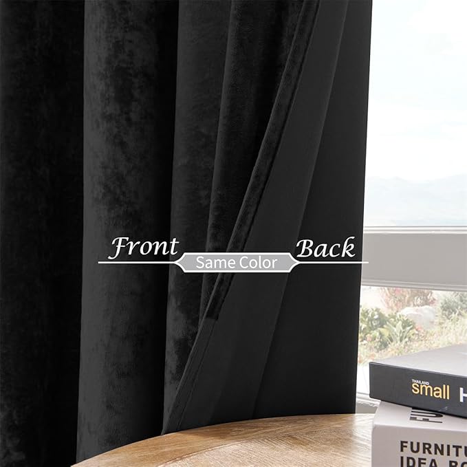 SMILETIME Black Crushed Velvet Curtains 52x90 inch Luxurious Thermal Insulated Soundproof Drapes for Living Room Bedroom Office Soft and Durable Light-Filtering Window Treatments, 2 Panels