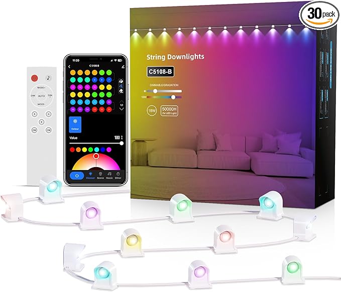 Smart RGB String Downlights, 30ft with 30 LED Smart LED String Lights Works with Alexa/Google, 111 Scene Modes, Color Changing Indoor Wall Light Fixture for Party, Children's room, Music Sync, White