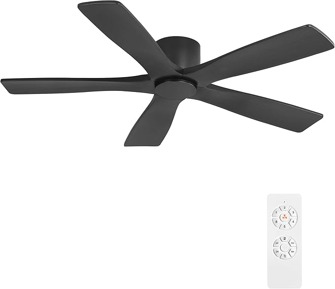 WINGBO 48" Flush Mount DC Ceiling Fans Without Lights, 5 Carved Solid Wood Blades, 6-Speed Reversible DC Motor, Low Profile Hugger Ceiling Fan No Lights for Living Room Bedroom Patio, Matte Black