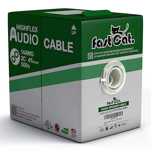 fast Cat. Speaker Wire 14 Guage 2C, UL Listed & CMR/CL3R-FT4 Rated - Speaker Cable w/PVC Jacket, 100% Oxygen-Free Pure Bare Copper - (41) MidFlex 14 Guage Wire - in-Wall Use-500ft Bulk Cable, White
