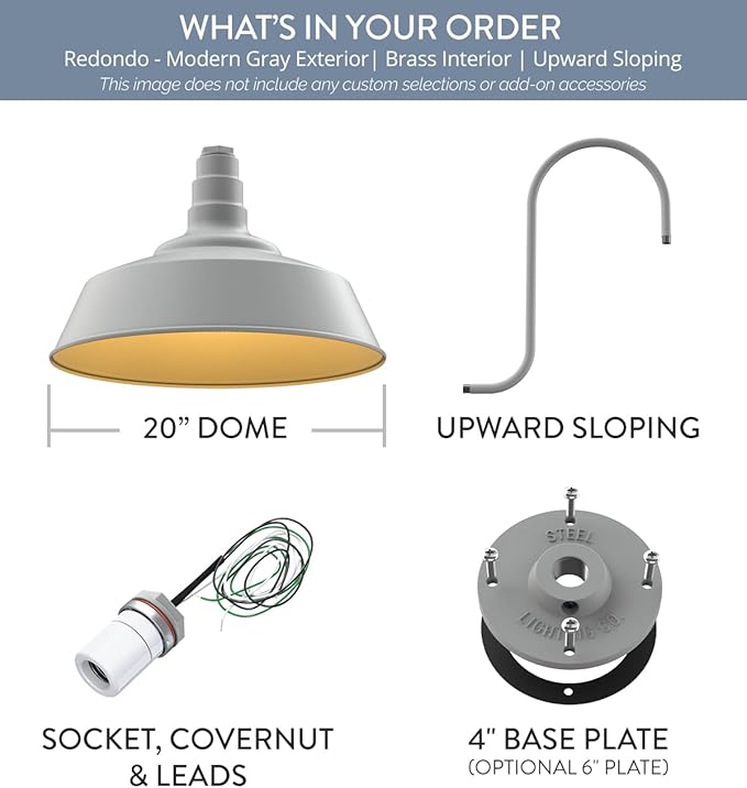 Steel Lighting Co. Large Outdoor Barn Light | Gooseneck Light Fixture | Made in America from 18-Gauge Steel | 20" Dome | Upward Sloping Gooseneck Modern Gray Exterior/Brass Interior