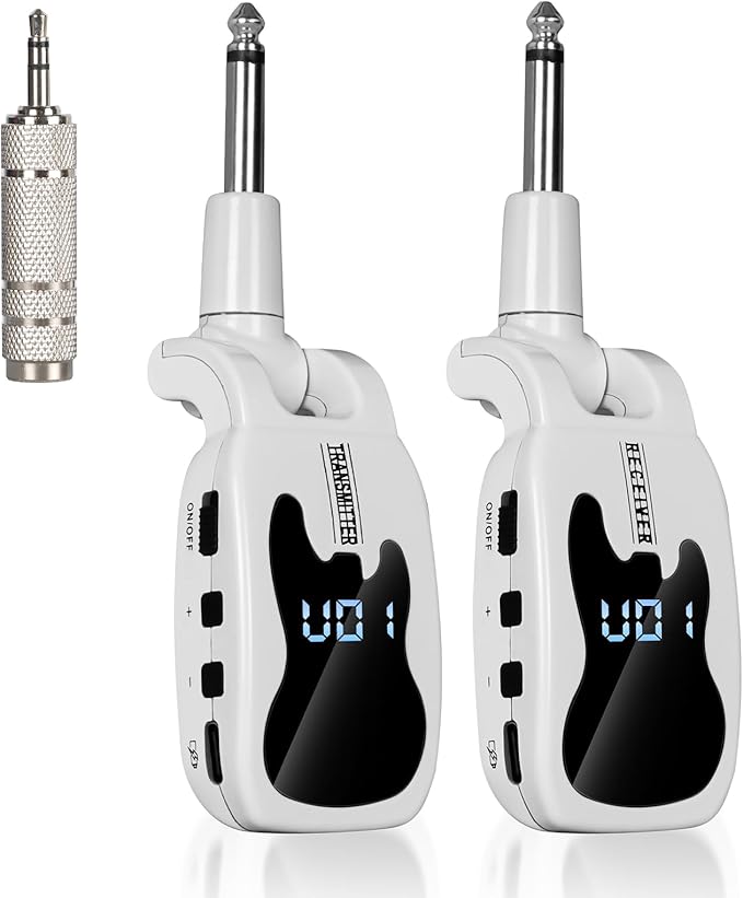 Devilclaw UHF Wireless Guitar System- 16 Channel Rechargeable Transmitter Receiver with Volume Control - Interference-Free Adapter for Bass Instruments(White)