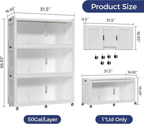 240GAL Extra Large Storage Bins with Lid, 960QT Collapsible Organizer with Wheels, Stackable Closet Cabinet with Doors, Folding Storage Containers for Home, Office, Kitchen, 3Pack White