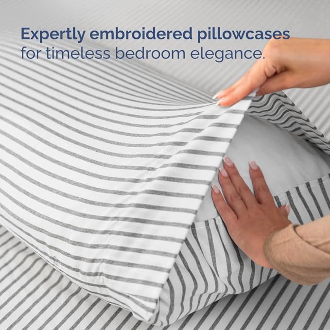 Full XL Bed Sheet Set - 4 Piece Extra Long Extended Full XL Sheets - Soft, Breathable & Cooling - Fits 8" to 16" Mattress with Deep Pockets - 54" x 80" - Wrinkle and Fade Resistant - Grey Stripes 2