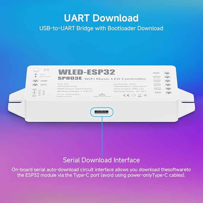 BTF-LIGHTING ESP32 WLED LED Strip Controller SP803E Built-in Mic DIY Dynamic Modes UART USB Type-C Download for WS2811,WS2812,SK6812,WS2814,WS2815 Addressable LED Strip/Matrix,PWM Dimming CCT RGB LED