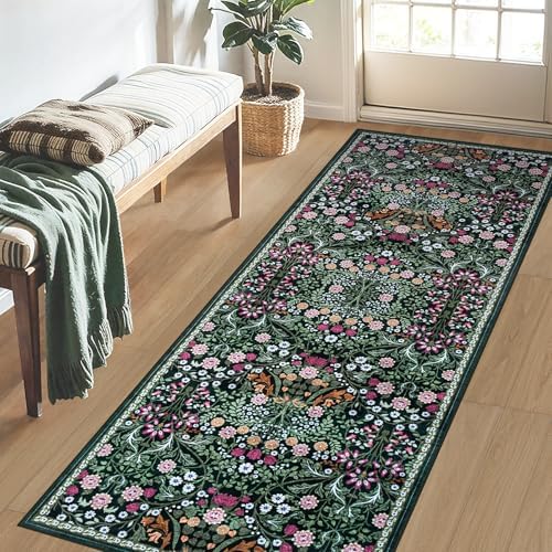 PLHXFR 2x6 Washable Runner Rug：Floral Indoor Kitchen Carpet Dark Green - Image 3