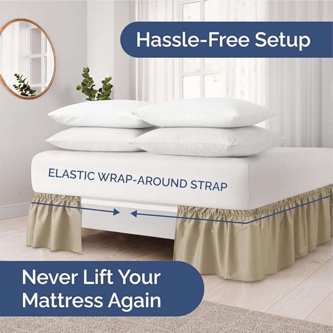 Wrap Around Dust Ruffle Bed Skirt - Beige - for Queen Size Beds w/ 16 Inch Drop - Easy Fit Elastic Strap - Adjustable Pleated Bedskirt w/Brushed Fabric, Wrinkle & Fade Free Women, Men, Kids & Teens