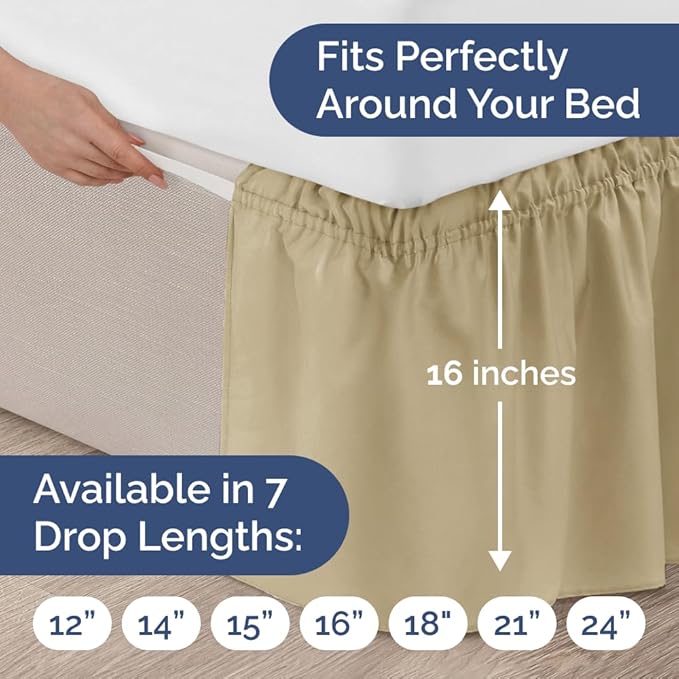 Wrap Around Dust Ruffle Bed Skirt - Beige - for Twin Size Beds w/ 16 Inch Drop - Easy Fit Elastic Strap - Adjustable Pleated Bedskirt w/Brushed Fabric, Wrinkle & Fade Free Women, Men, Kids & Teens