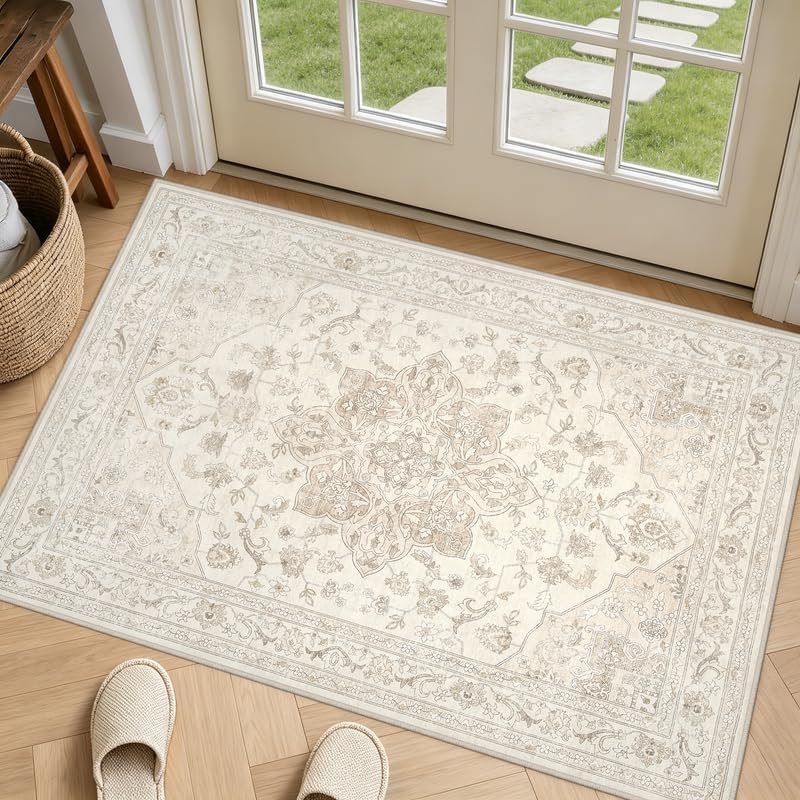 Washable Area Rugs 2x3: Living Room Bedroom Carpet Beige White by Luxturiy