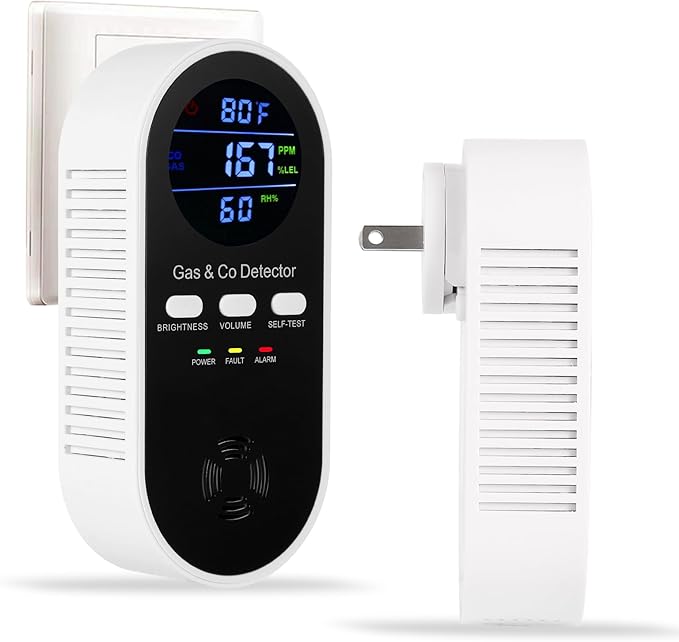 5-in-1 Combination Gas & Carbon Monoxide Detector with Battery Backup,Plug in Natural Gas Detector & CO Alarm with Temperature(°F) & Humidity Sonsor,Propane & CO Detector for Home,RV,Apartment