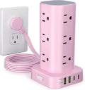 Power Strip Tower with Multiple Outlets, Flat Plug Surge Protector Tower Extension Cord with 12 AC Outlets 4 USB Ports (2 USB C), 6FT Cord Power Tower Surge Protector for Home Office Dorm Room, Pink