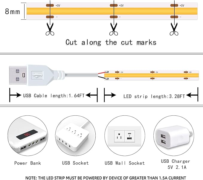 UVTaoYuan Led Strip Lights 5V USB Short COB LED Strip Light 3Pack 3000K Warm White Small Flexible Not Dimmable USB led Lights for Indoor Home DIY Lighting Room Decor 5V LED TV Lights (3.28FT/1M*3)