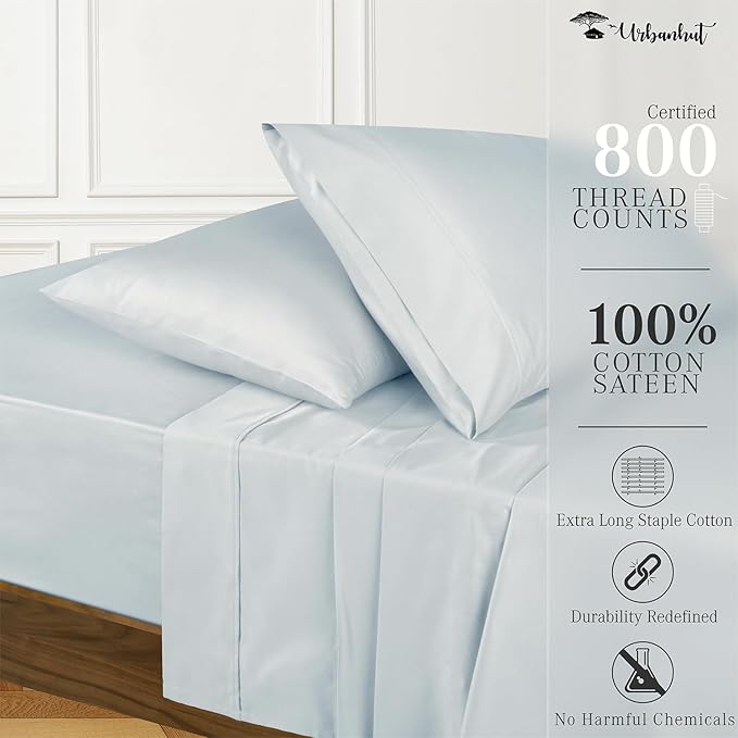 URBANHUT 800 Thread Count 100% Cotton Queen Size Sheets, Luxury 4 Piece Queen Bedsheets, Hotel Sheets Sateen Finish - Better Than Egyptian, 16" Elasticized Deep Pocket - Light Blue