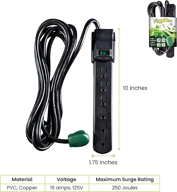 GoGreen Power Inc. (G-16103M-12BK-2) 6 Outlet Surge Protector, 12FT Cord, Black, 2 Pack