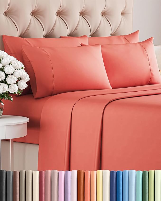Queen 6 Piece Sheet Set - Cooling, Comfy & Breathable - Hotel Luxury Bedding, Includes Fitted Sheet for Women, Men, Kids and Teens - 1 Flat, 1 Fitted Sheet, 4 Pillowcases with Deep Pockets - Coral