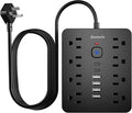 Bawmwim Surge Protector Power Strip, 8 Outlets(1250W/10A), 6 USB Charging Ports(2 USB C), 10FT Flat Plug Extension Cord Outlet Extender with Overload Protection, ETL Certified for Office, Dorm Room