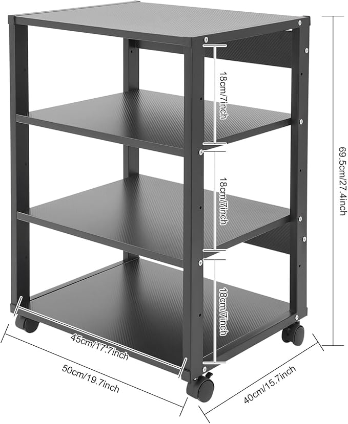 4-Tier AV Media Stand Rack, Black Rolling Stereo Audio Rack Stand with Wheels, Mobile & Space-Saving Design, Perfect for Speakers, DVD Players, Amplifiers (19.7 * 15.7 * 27.4in)
