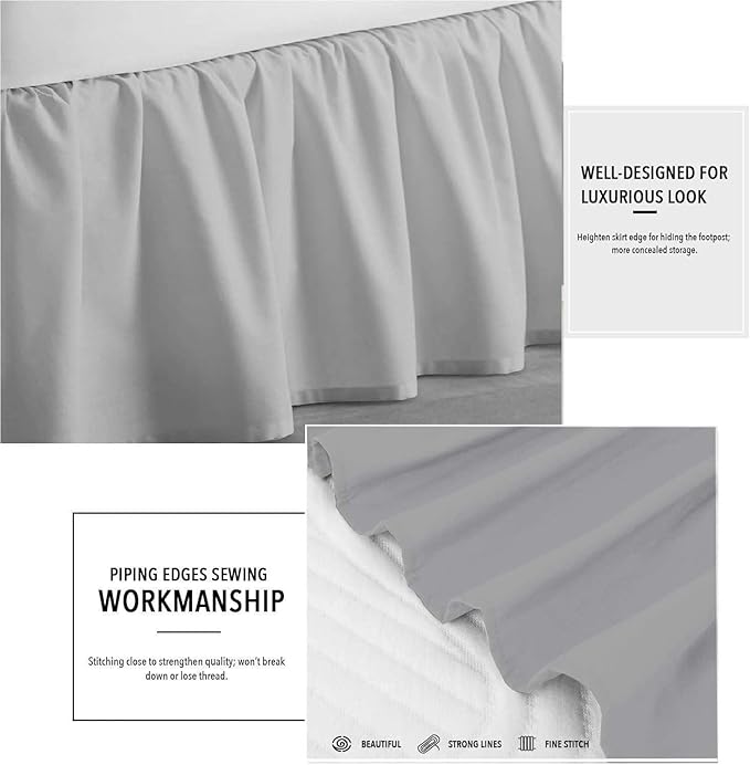 Light Grey Solid Ruffled Bed Skirt Twin-18 Inch Drop Split Corner, Microfiber Bedskirt with Platform Three Sided Coverage