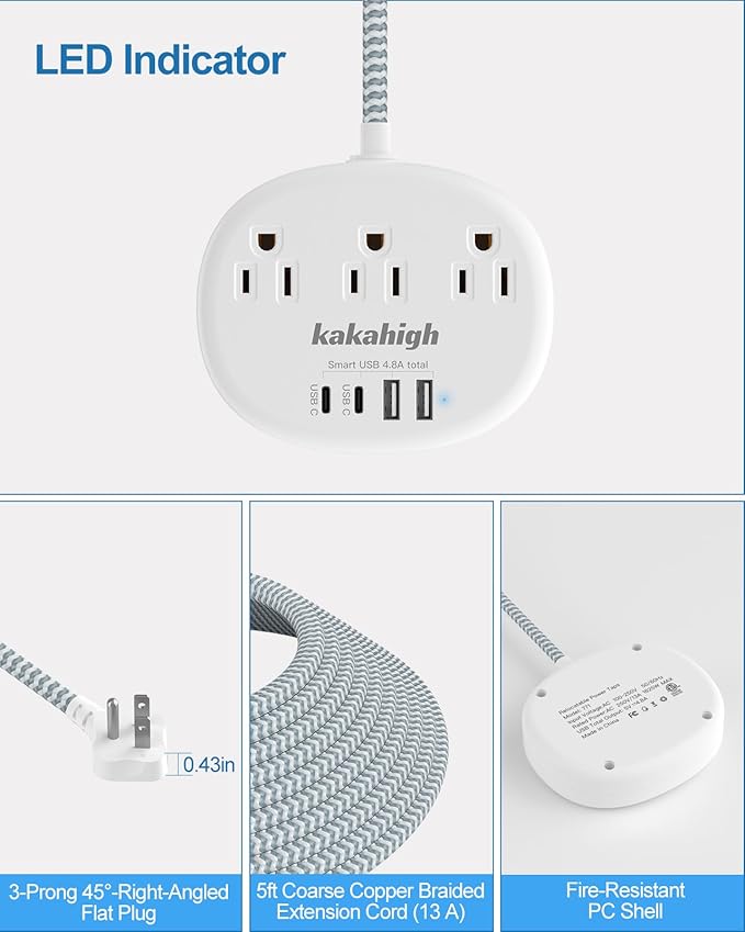 Small Extension Cord - Braided Extension Cord 10 Feet, 13 Amp (1625W) Power Strip with 3 AC Outlet 4 USB (24W/4.8A), College Dorm Room Essentials, White