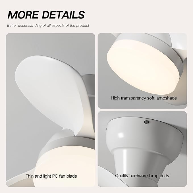 Myleoron 20 Inch Ceiling Fan with Light, 3 ABS Blades, White Small Ceiling Fan with Remote Control, Suitable for Living Room, Dining Room, Bedroom