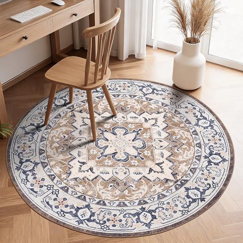Lofus 4ft Round Area Rugs for Living Room, Vintage Boho Carpet Floral Brown by Lofus