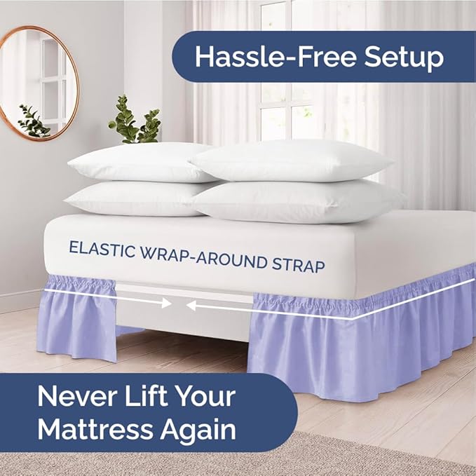 Wrap Around Dust Ruffle Bed Skirt - Lavender - for King Size Beds with 18 Inch Drop - Easy Fit Elastic Strap - Adjustable Pleated Bedskirt w/Brushed Fabric Wrinkle Free - for Women, Men, Kids & Teens