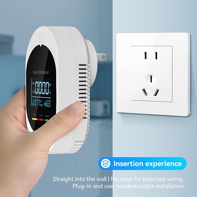 4-in-1 Carbon Monoxide & Natural Gas Detectors with Temperature/Humidity LCD Display, Plug in Co Leak Detector Propane Monitor for Home Travel RV Essentials, Sound Alarm Over 85dB, 1PCS