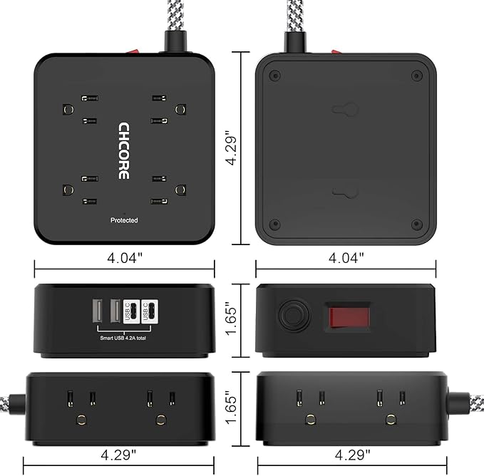 Surge Protector Power Strip - CHCORE 5Ft Braided Extension Cord with 8 Outlets with 4 USB (2 USB C) Charging Ports, Flat Plug Multi Plug Outlet Extender Charging Station for Home Office, ETL, Black
